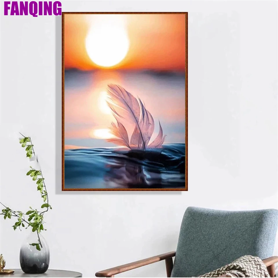 

Алмазная 5D живопись «сделай сам», перо, пейзаж на воде на закате, алмазная вышивка крестиком, мозаика, искусство, домашний декор, подарок