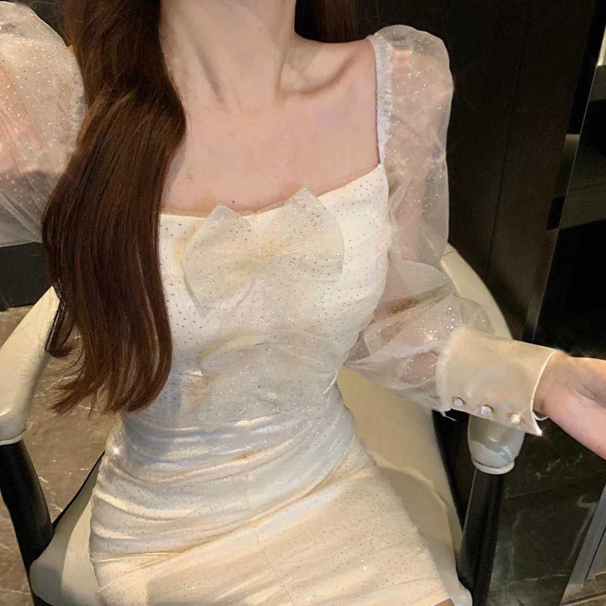 

Long Sleeve Lace Elegant Dress Korean Style 2021 Summer Female Bow Design Slim Party Dress Women Square Collar Sexy Mini Dresses
