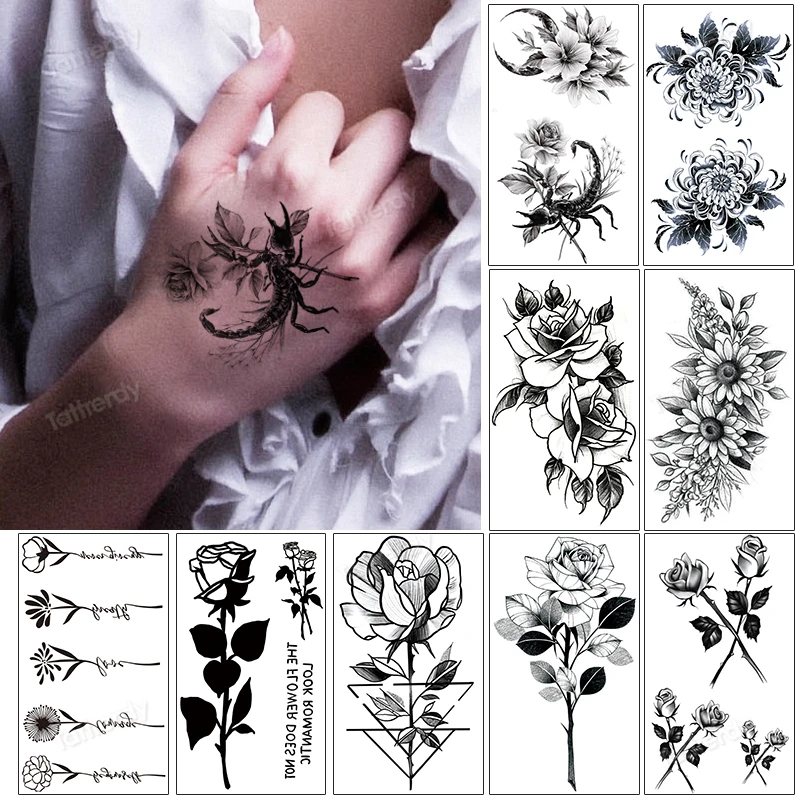 

Temporary Tattoo Sticker Female Waterproof Black Rose Flower Hand Sexy Fake Sticker Body Art Small Tattoos Women Girls Beauty
