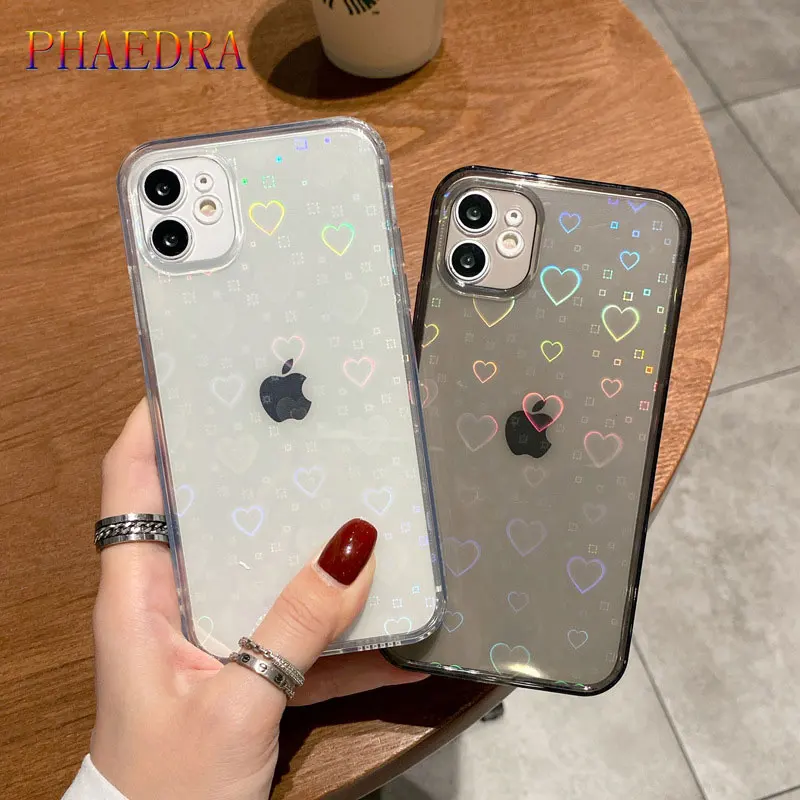 

Laser Love Heart Transparent TPU Phone Case For iPhone 13 12 Mini 11 Pro XS Max XR X 7 8 Plus SE Flower Soft Colorful Back Cover