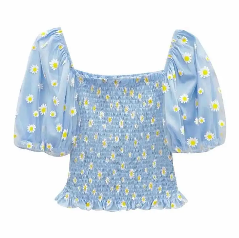 

2021 New Fashion Women Daisy Embroidery Blouse Mesh Puff Sleeve Off-the-shoulder Crop Top Elegant Clothes Party Club Sexy Shirts
