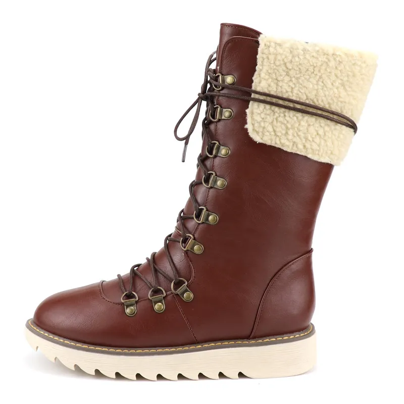 Odetina New Women Platform Lace Up Combat Mid Calf Boots Cross Tied Faux Thick Fur Non-slip Winter Warm Snow Plus Size 48 | Обувь