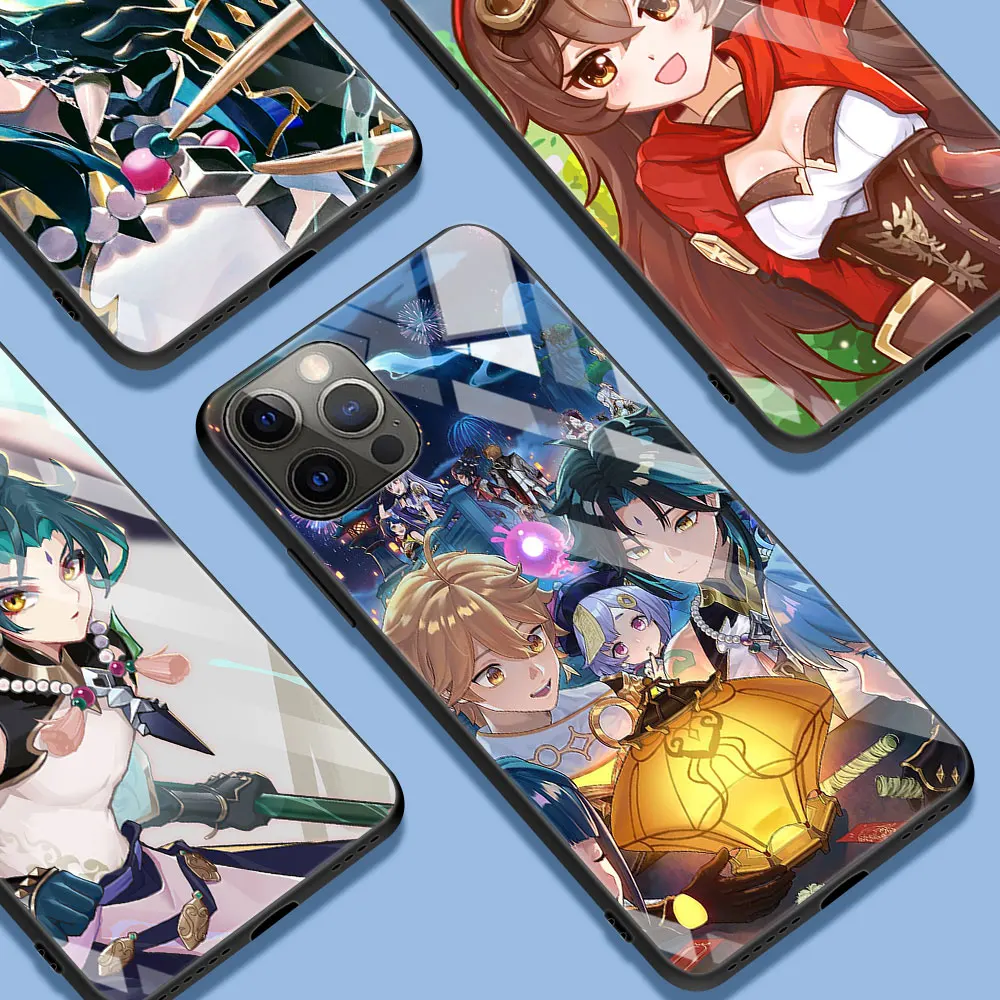 

Tempered Glass Case For Apple iPhone 13 13 11 12 Pro Max 7 Plus X XR XS 12Pro 12 Mini 6 6S SE Phone Cover Genshin Impact Anime