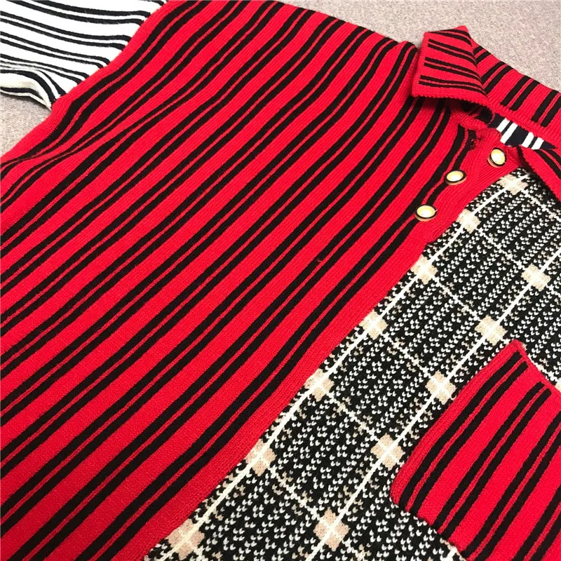 

Idle Style Irregular Stitching Plaid Sweater Autumn Winter Retro Striped Long Sleeve Polo Collar Color Contrast Knitted Pullover