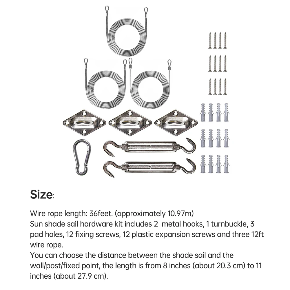 

Sun Shade Sail Hardware Kit Awning Canopy Fixing Installation Accessraies With 36 Ft Wire Rope Carabiner Clip Hook Screws Silver