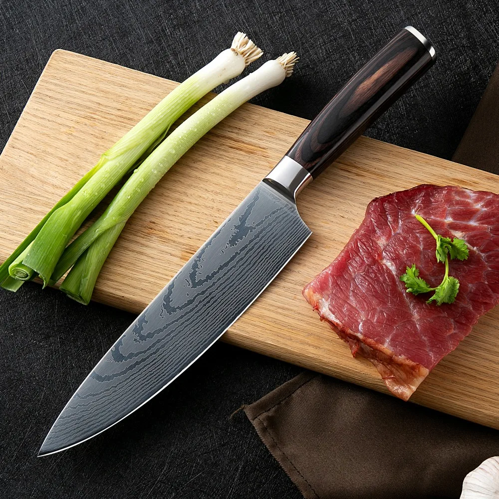 Высокое качество 8 дюймов поварские ножи Santoku кухонные ножи Кливер нарезки подарок нож с лазером Дамасская сталь