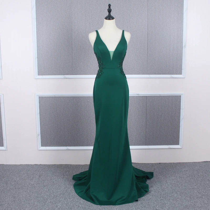 

Emerald Green Dress Mermaid Deep V Neck Sleeveless Crystals Lace Appliques Sexy Cut Out Open Back Prom Party Gowns for Women