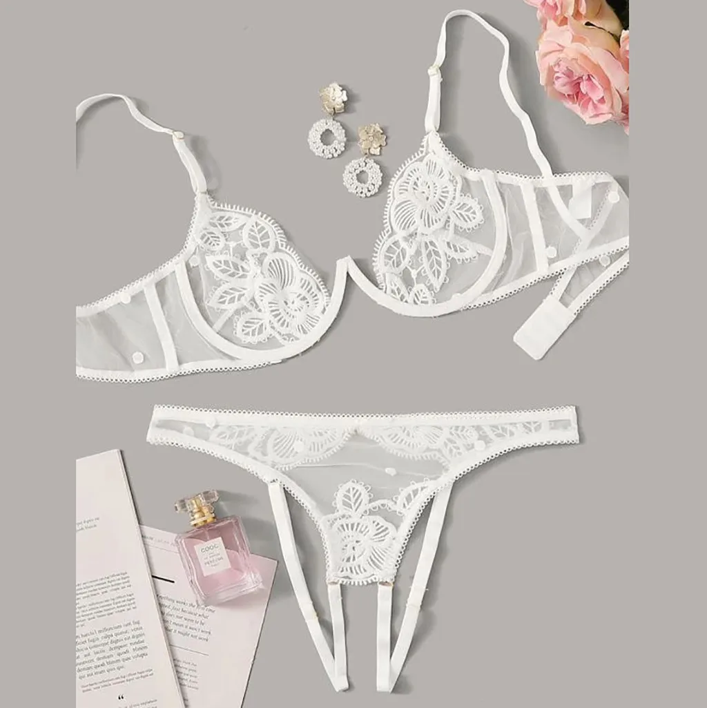 

Sensual Lingerie Woman Sexy Underwear Set Corset Bra Crotchless Thong Women's Clothing Transparent Lace Floral Exotic Sets