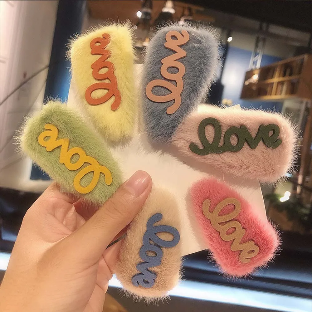 

New Letter"Love" Colorful Soft Faux Fur Waterdrop Shape Hairpins Sweet Hair Clips Headband Barrettes Fashion Hair Accessories