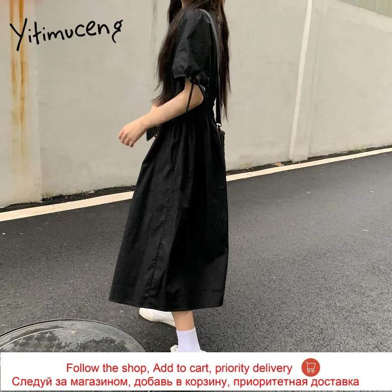 

Yitimuceng Midi Dresses Women Summer Cut Out Ruched High Waist Puff Sleeve Unicolor Black White 2021 Korean Fashion New Dress