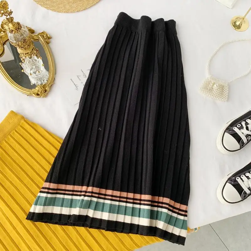 

2019 New spring autumn student Knit Medium long Skirts High Waist Women Wild Contrast pleated Skirt cc1758