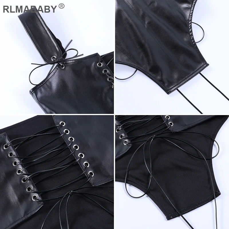 

Sexy Bandage Asymmetrical Hem Corset Tank Top Slim Low-Neck Sleeveless Backless Summer Women Top New Black PU Leather Vest Top