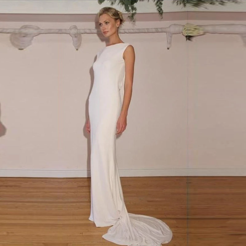 

Cheap Simple White Spandex 2018 Sheath Bateau Neckline Sexy Backless Summer Beach Bridal Gown Custom mother of the bride dresses