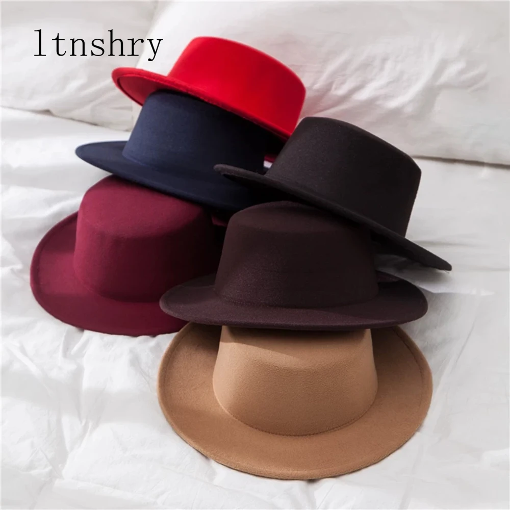 New Classic Solid Color Felt Fedoras for Men Women Artificial Wool Blend Jazz Cap Wide Brim Simple Church Derby Flat Top Hat