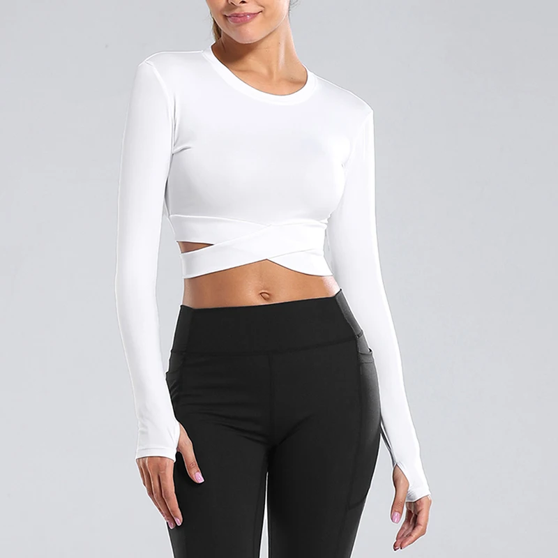 

Women Long Sleeve Running Shirts Sexy Exposed Navel Yoga T-shirts Solid Sports Shirts Quick Dry Fitness Gym Crop Tops