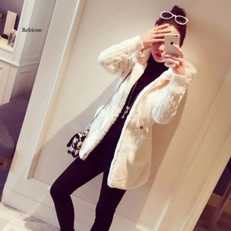 

Women Winter Jacket Hooded Coat Furry Faux Fur Knit Sweater Jacket Warm Outerwear Coat Ladies Casual Coats jaqueta