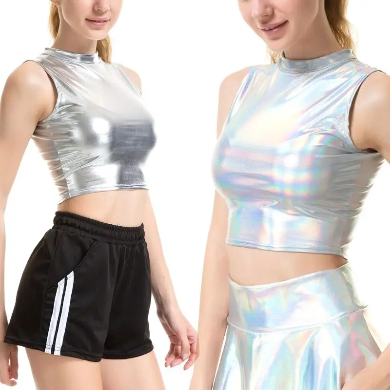 Женский сексуальный укороченный топ с эффектом потертости металлик без рукавов