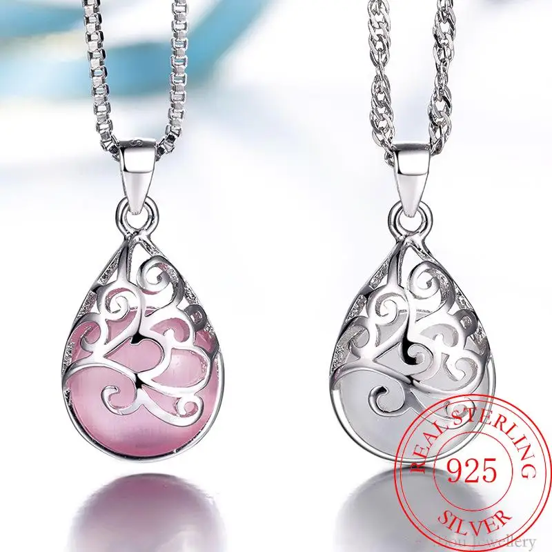 

925 Silver Chains And Necklaces For Women Neck Jewelry Moonstone Water Drop Fashion Beads Pendant Wedding Party Birthday Gift