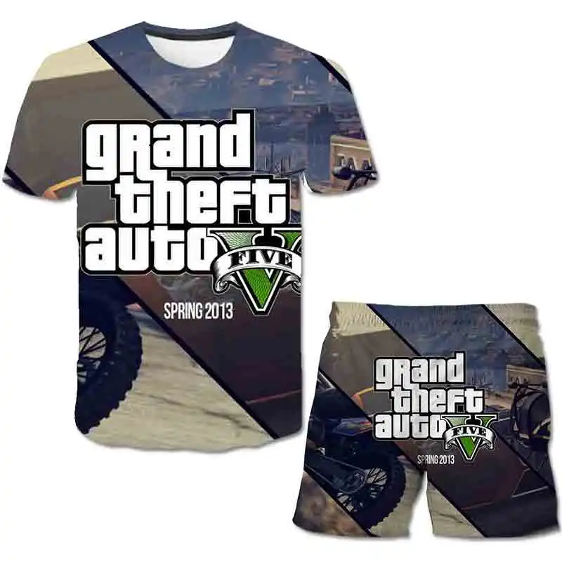 

New Style 4-14 Years Years Grand Theft Auto Gta Clothing Set Boys Short T Shirts and Shorts Set leisure Girls Clothing Kids