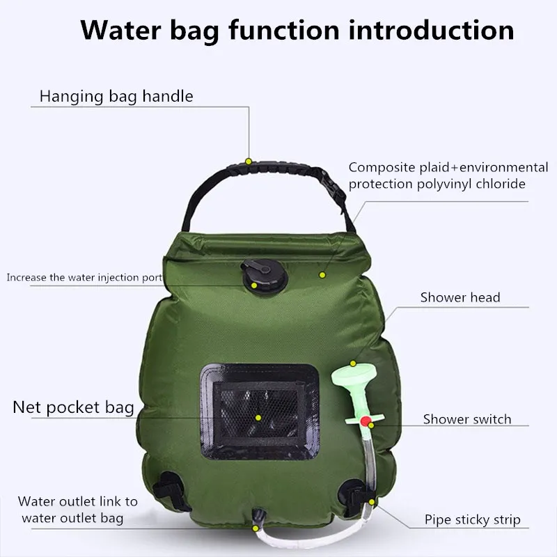 

20L Water Bag Outdoor Camping Shower Bag Solar Heating Portable Folding Climbing Rock Climbing Bathing Equipment Shower Nozzle