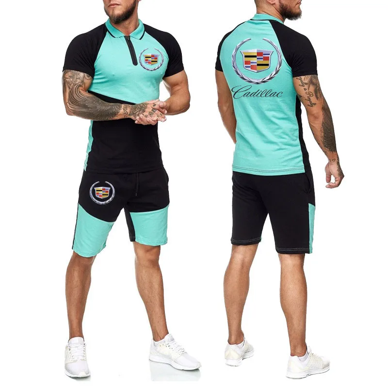

Hot sale Men's short sleeve + shorts 2 piece set Cadillac car logo Print summer Fashion high quality cotton Male Short Sleeves