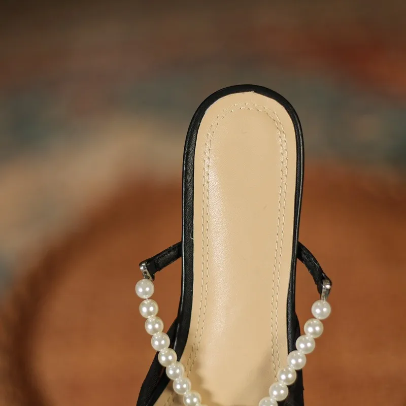 

Concise Korean Lovely Girls Pearls Slippers Women Outdoor Summer Square Toe Mesh Slip On Casual Sandals Female Mules Nude Size 9