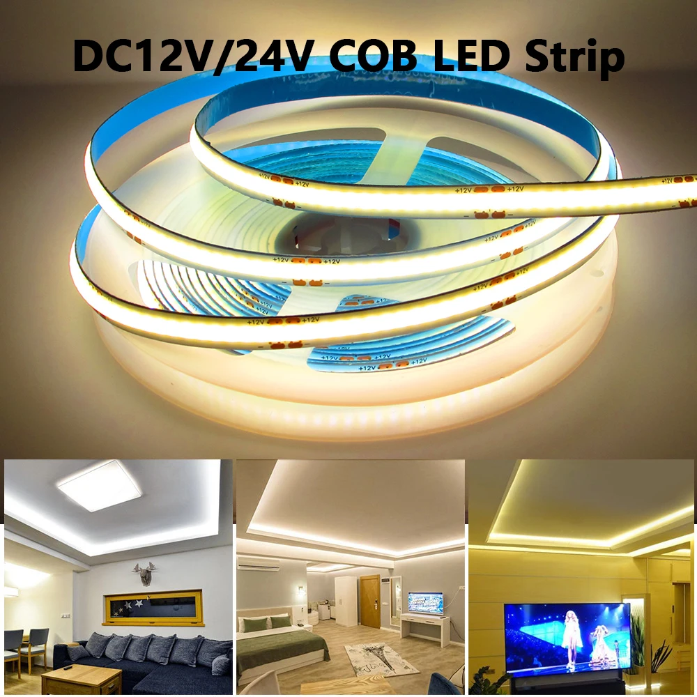 

12V 24V COB LED Strip Light RA90 High Density 5M/lot 320/384/528/608 LEDs/m Flexible Soft COB Led Strip Tape Diode Warm White