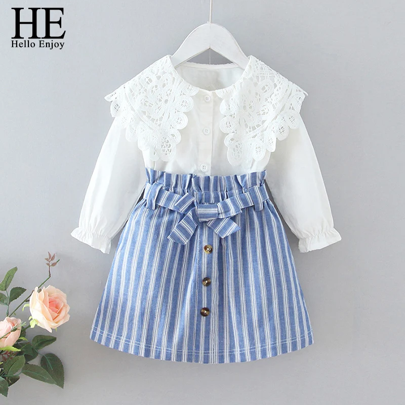 

HE Hello Enjoy Girls Sets 2020 Spring Autumn Long Sleeve Sweet Lace Lapel Shirt + Striped Bow Skirt 2pcs Outfits for 2-6Y