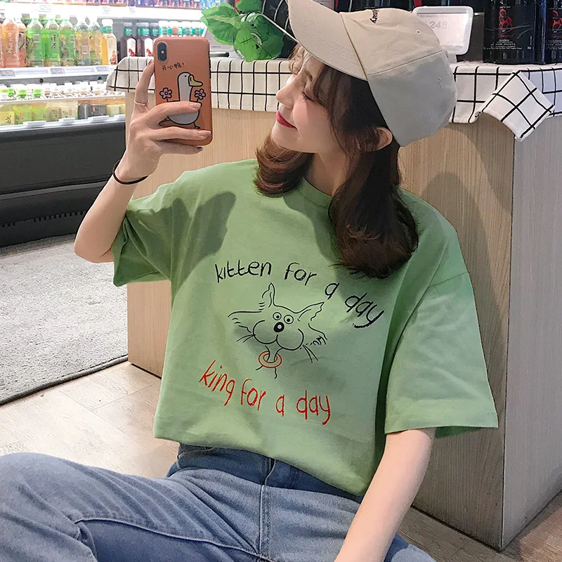 Женская свободная футболка из хлопка летние топы для студентов Корейская