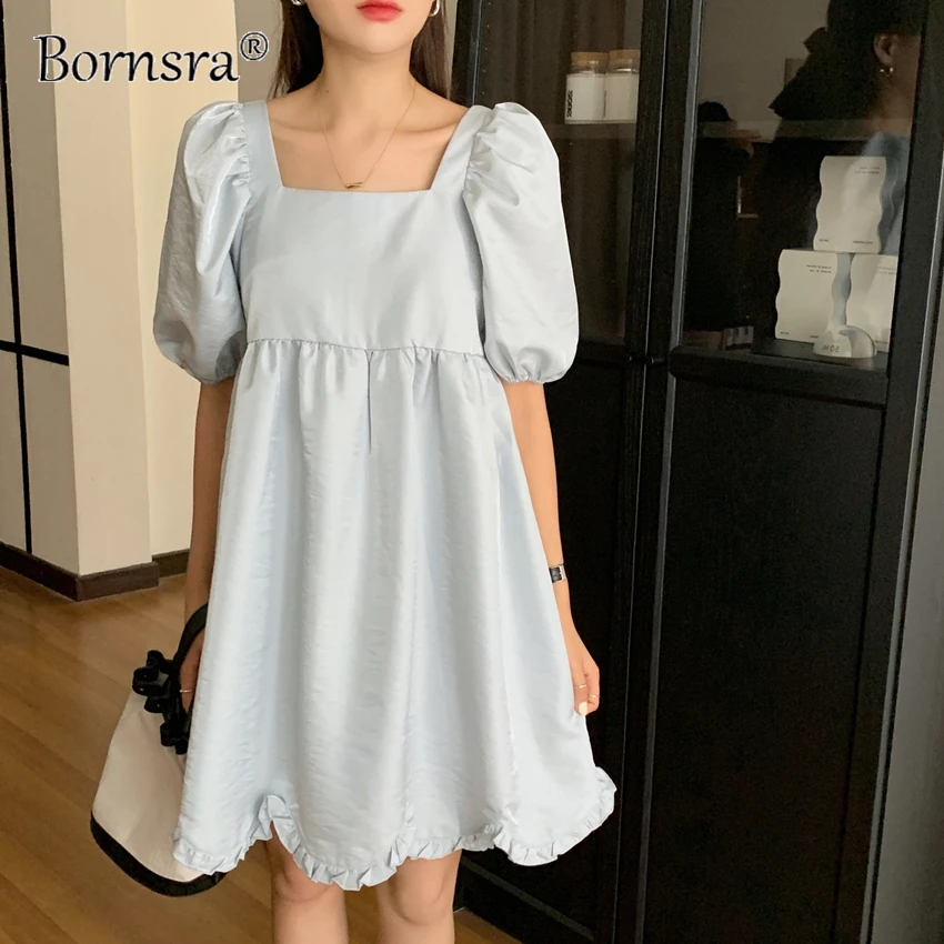 

Bornsra 2021 Summer Street A-LINE Knee-Length Puff Sleeve Square Collar Dresses for Women Party Dress Elegant Female Chic