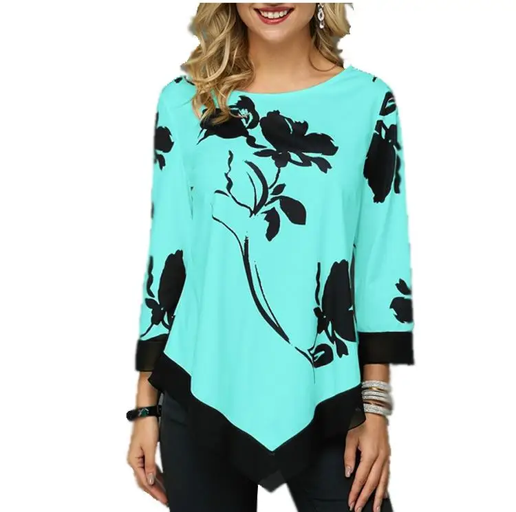 

S-5xl Plus Size Chiffon Hem Irregularity Blouse Women 2020summer Printed O-neck 3/4 Sleeve Shirt Casual Flower Shirts Black Tops