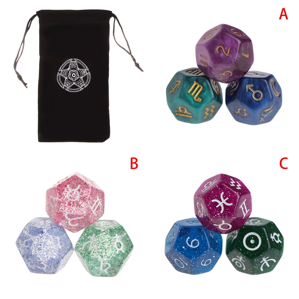 

3 Pcs 12-Sided Tarot Dice Resin Tweezers Astrology Tarot Constellation Divination Dice Family Friend Party Cards Game Dice