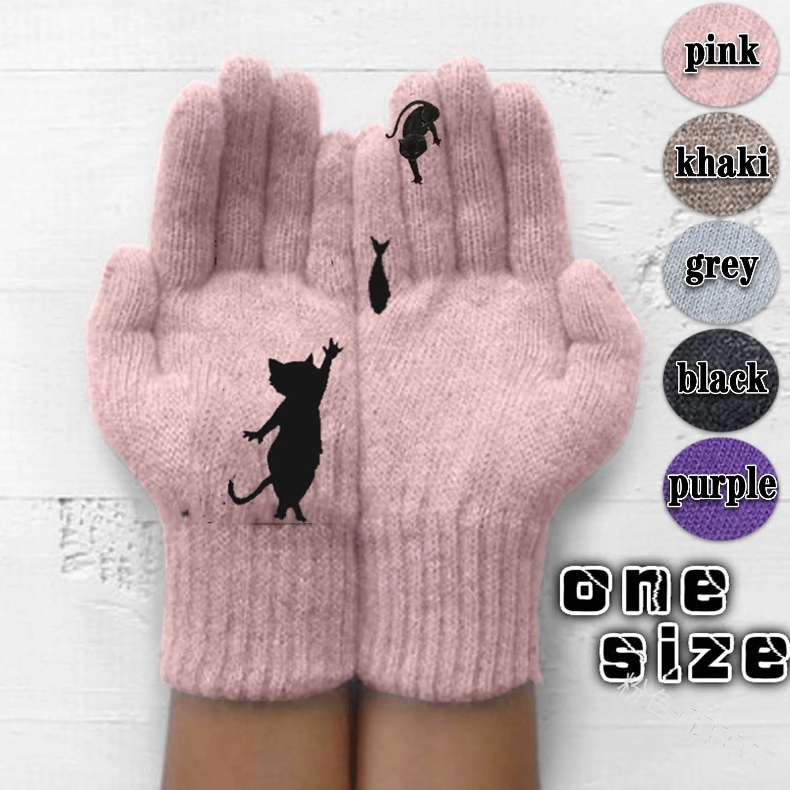 

Popular Ladies Woolen Gloves Autumn And Winter Outdoor Thickened Warmth Cat And Fish Printing Gloves