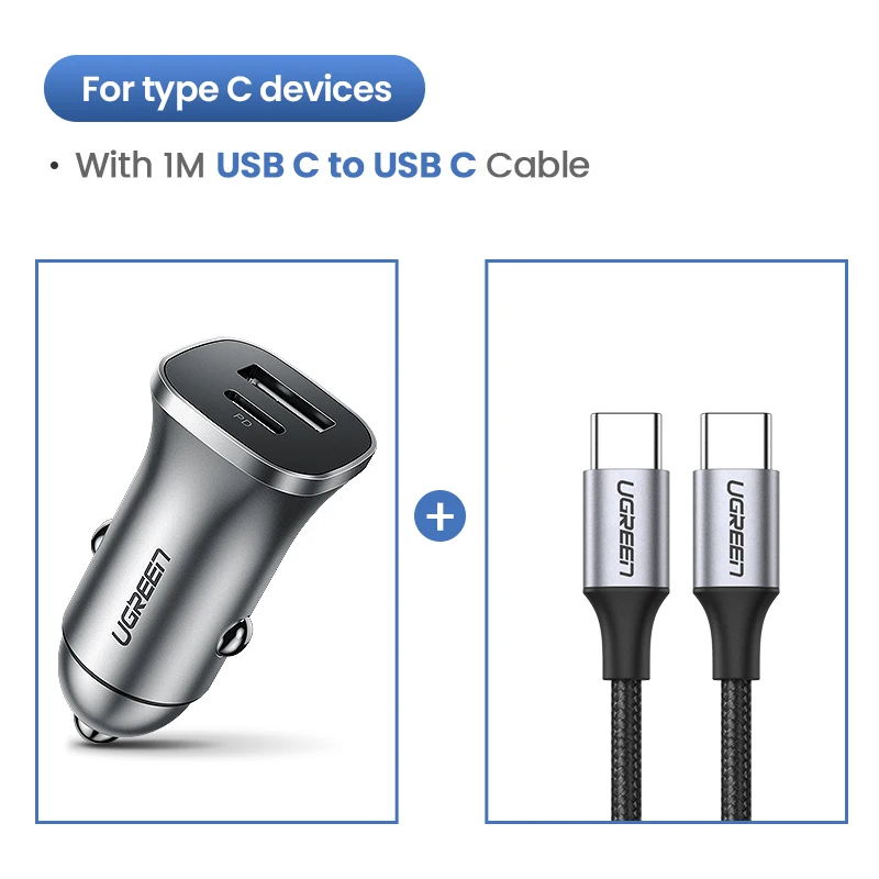 Add 1M USB C-USB C Ugreen Quick Charge 4.0 3.0 QC USB Car Charger for Xiaomi QC4.0 QC3.0 18W Type C PD Car Charging for iPhone 11 X Xs 8 PD Charger - Тип штекера: Add 1M USB C-USB C