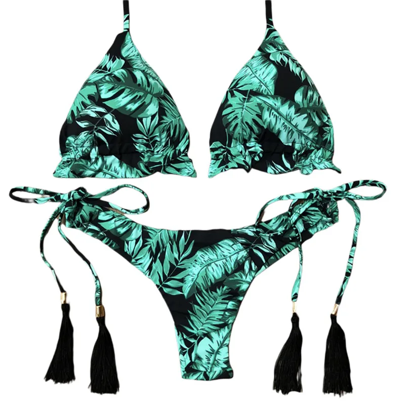 

2020 New Fashion Summer Bikini Set Women Patchwork Swimwear Two-Piece Push-up Bra Plant Print Swimsuit Beachwear Bathing New