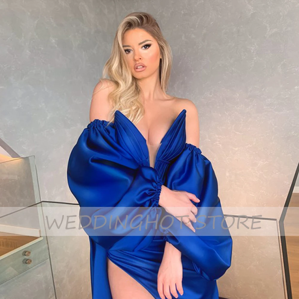 

Royal Blue Evening Dresses Long Luxury 2021 Elegant Mermaid Ball Gowns V-Neck Side Split Puff Sleeve Celebrity robes de soirée