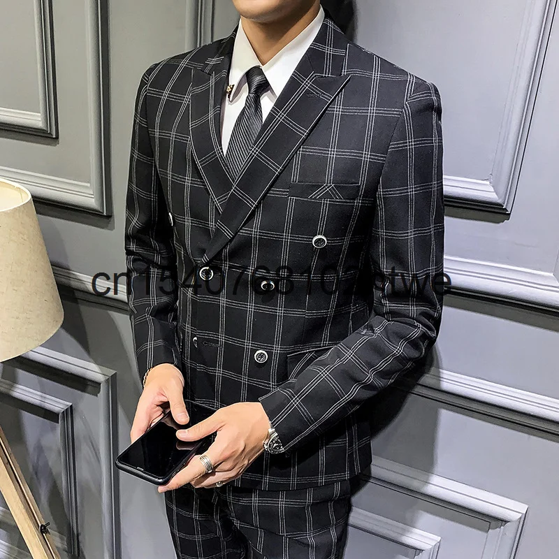 

Костюм мужской из двух предметов, приталенный модный двубортный костюм в клетку, в Корейском стиле, костюм для жениха, Осень-зима