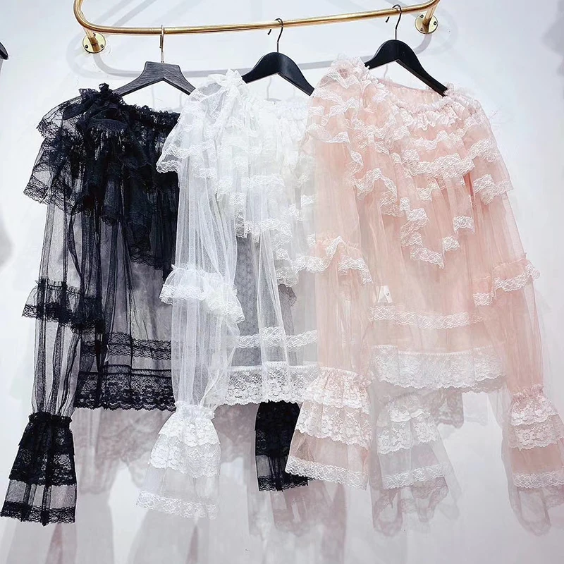 

GALCAUR Patchwork Lace Blouse Women O Neck Flare Long Sleeve Mesh Perspective Ruffle Elegant Blouses Female 2020 Summer New