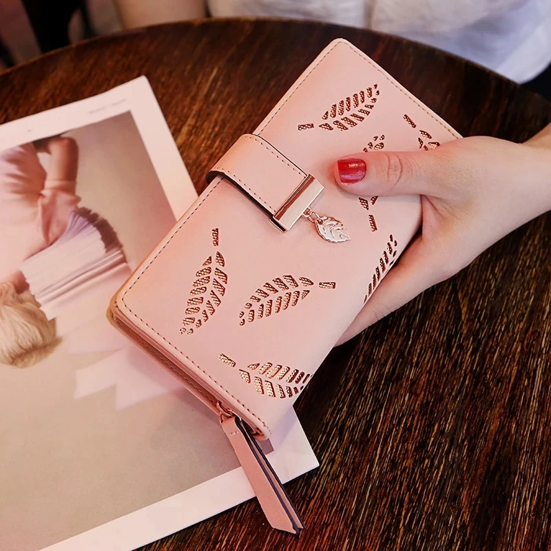 women wallet gold hollow leaves pu leather zipper coin purse female long hasp multifunction card holders clutch phone bag lady free global shipping