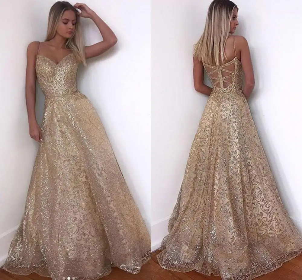 

2020 Gold Dress Long Sparkle New V-Neck Women Elegant Straps Sequin A-line Maxi Evening Party Gown Dress abendkleider