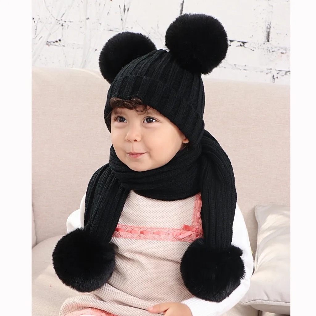Вязаная шапка с двойным ворсом и помпоном Детские однотонные зимние шапочки