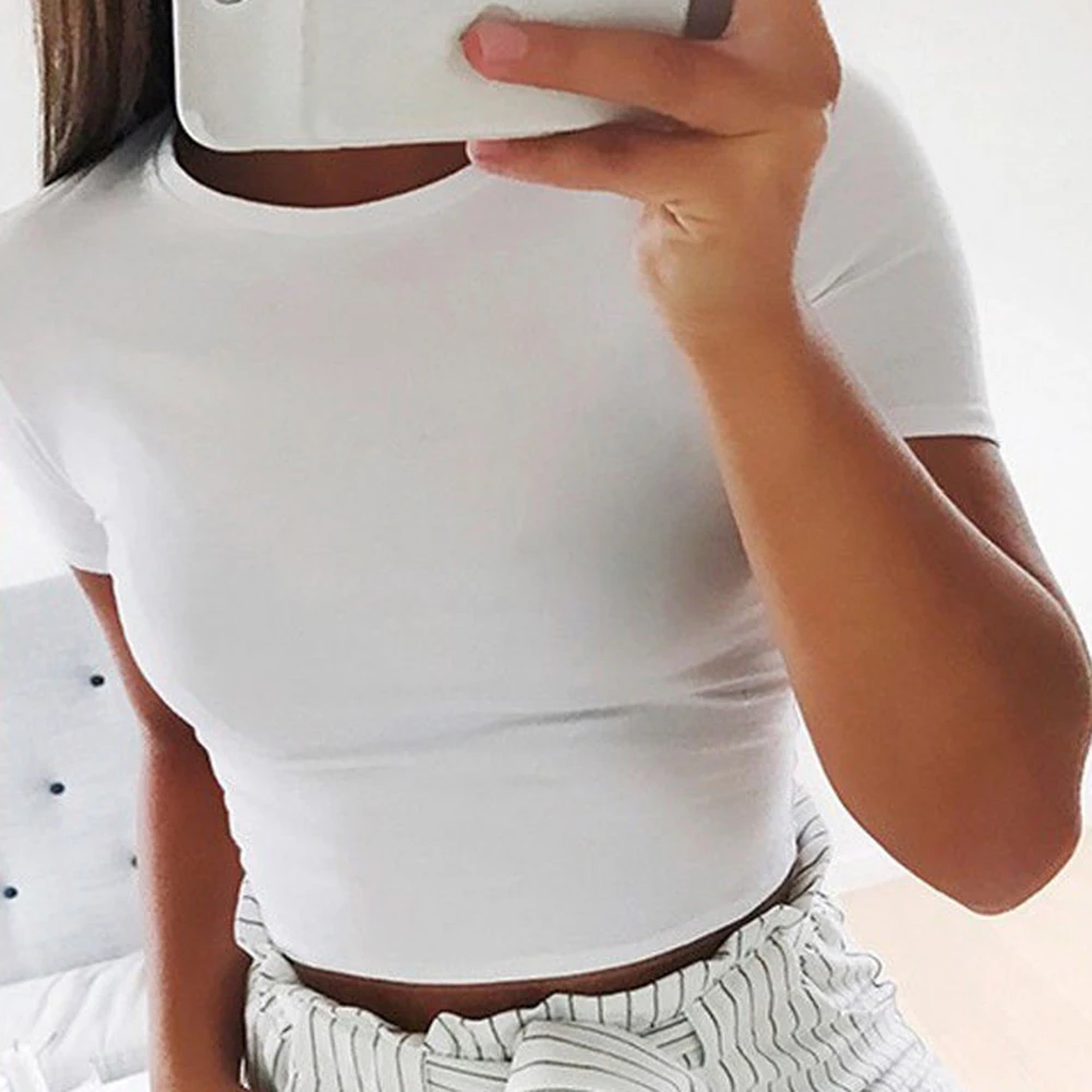 Женский пикантный однотонный топ с коротким рукавом и круглым вырезом летний