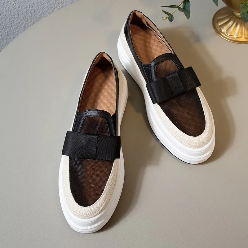 Женские Дышащие лоферы на прозрачной сетчатой платформе без застежек с бантом