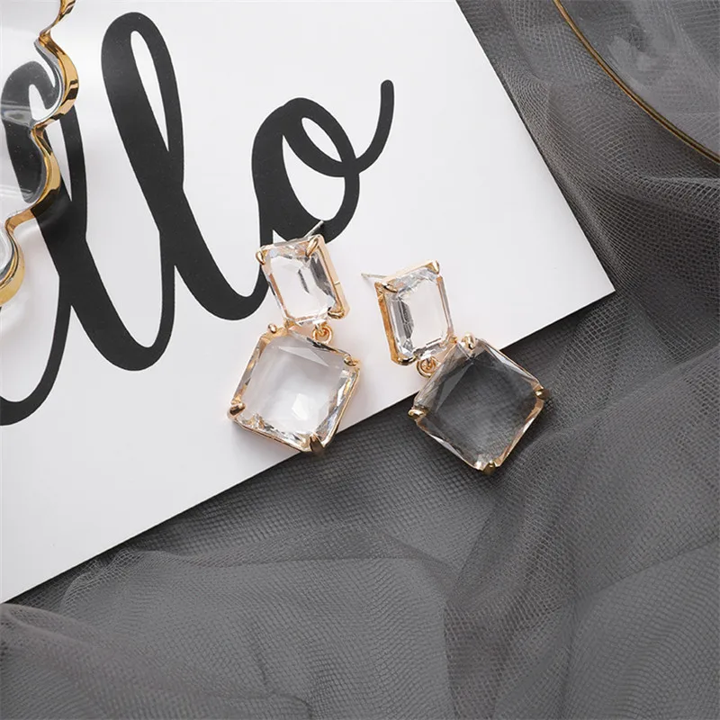 

Fashion Tassel Double Square Earrings Transparent Glass Crystal Earrings for Women Wedding Korean Jewelry Bijoux Accessories