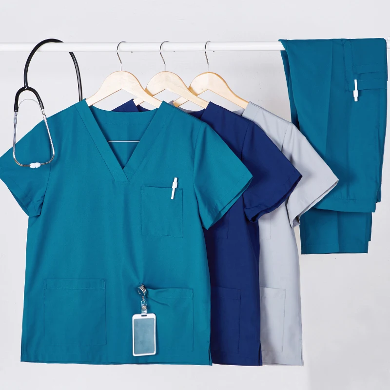 

Nurse Scrub Set Uniform Solid Workwear Nursing Doctor Scrubs Uniforms V Neck Drawstring Waist Polyester Cotton Scrub Sets 8020-2
