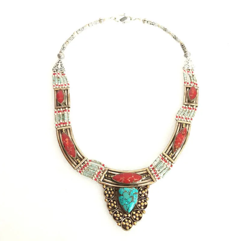 Непальское индийское медное инкрустированное цветное каменное ожерелье