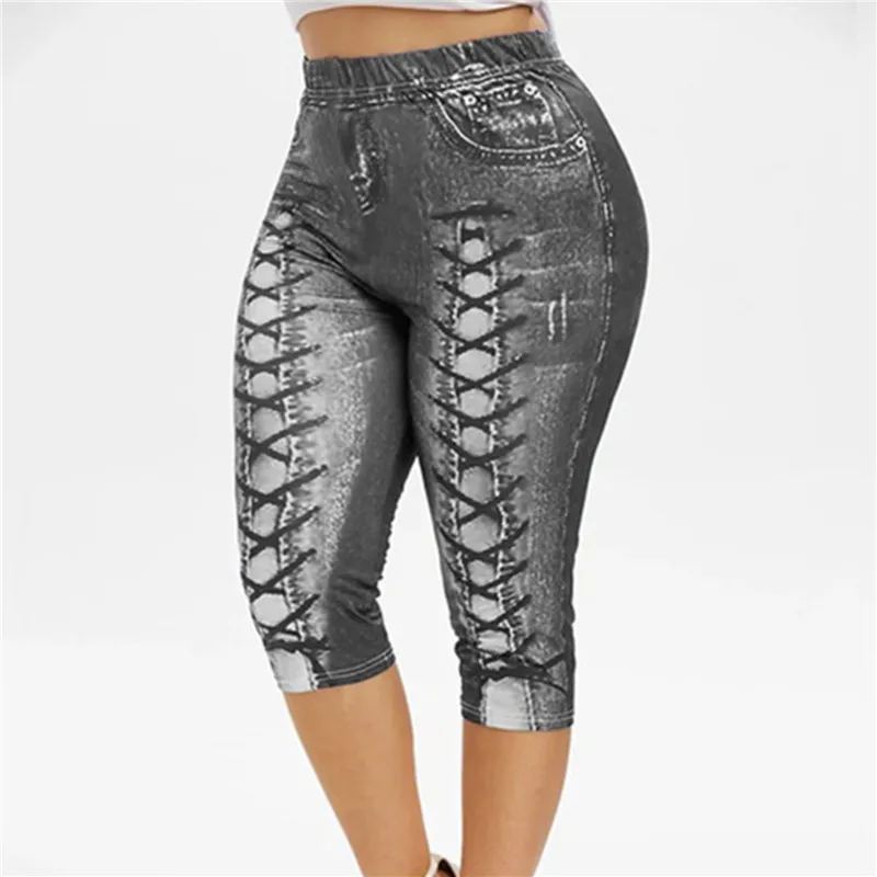 

Women Fashion 3D Jeans Print Capri Leggings Casual Fitness Pants Elastic Waist Skinny Pants