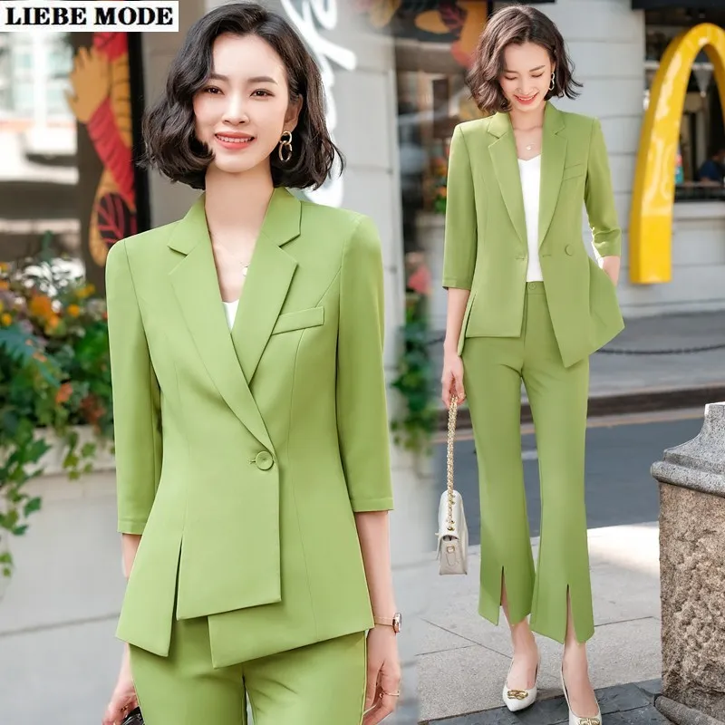 

White Green Black Yellow Pink Khaki Formal Suit Women Irregular Blazer Set Office Two Pieces Womens Suits Blazer with Pants