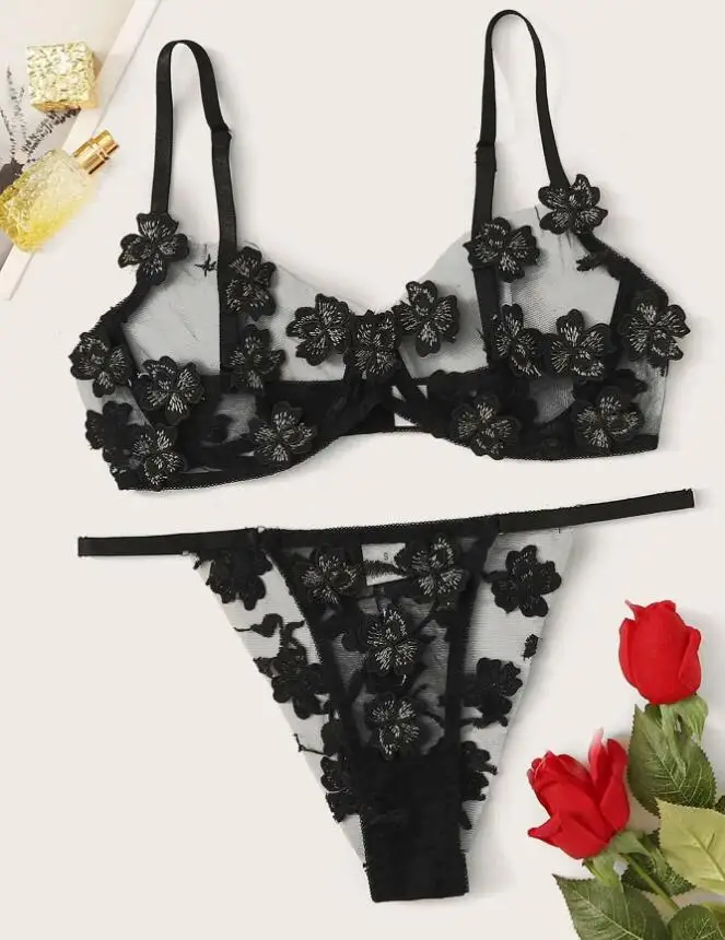 Прозрачный сексуальный комплект с бюстгальтером соблазнительное кружевное