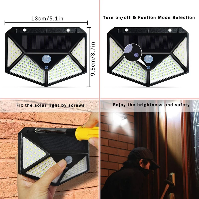 

4 100 LED Solar Outdoor Waterproof 4 Sides Solar Wall Light with PIR Motion Sensor for Garden Decoration-ABUX